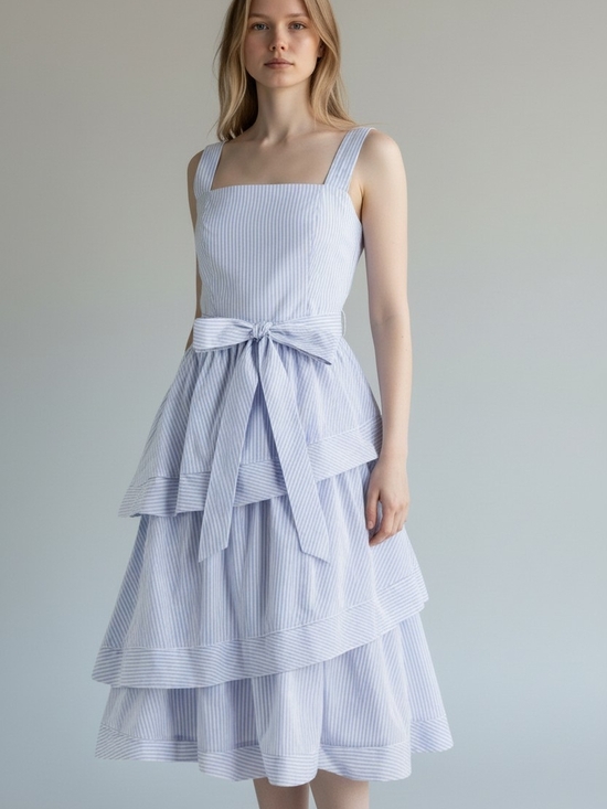 J. Crew Dresses & Skirts - J CREW Light Blue Striped Tiered Midi Dress with With Belted Bow
